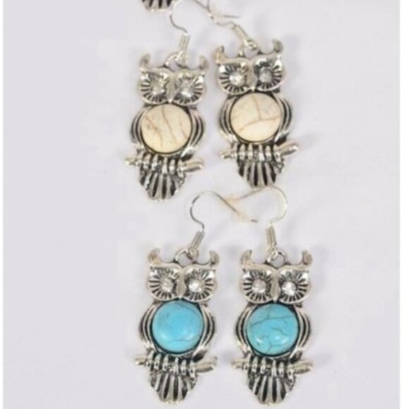 Antique Silver  Owl Black Semiprecious Stone Earrings Tribal indigenous NEW - Picture 3 of 5